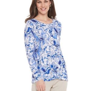 NEW Cathy Daniels Floral Long Sleeve Top, Size XL, Blue White